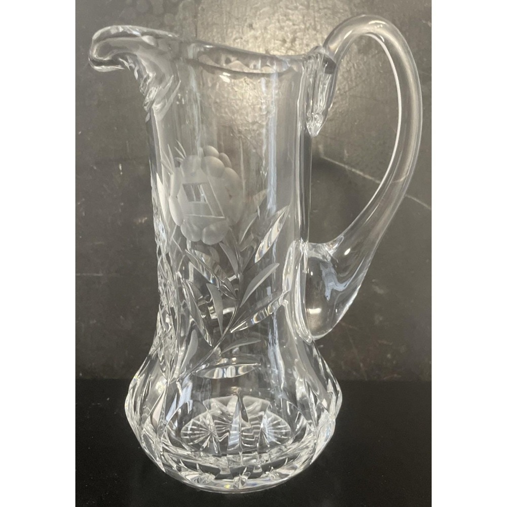 Vintage Brilliant Cut Lead Glass Small Pitcher Floral Flower Etched 6.75" Heavy